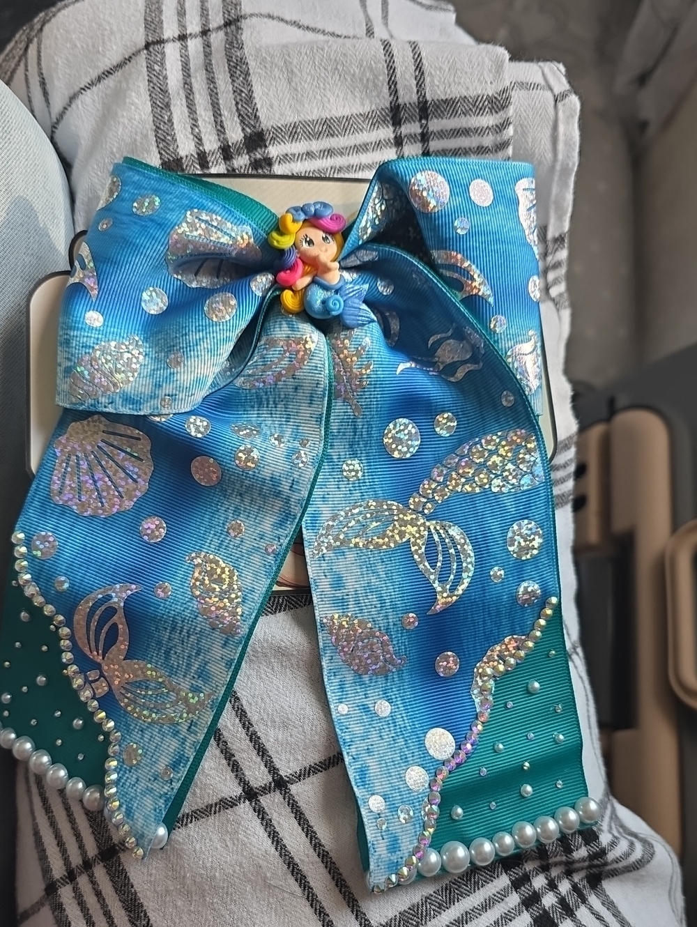 Blue Mermaid Kids Hair Bow with Pearl Accents